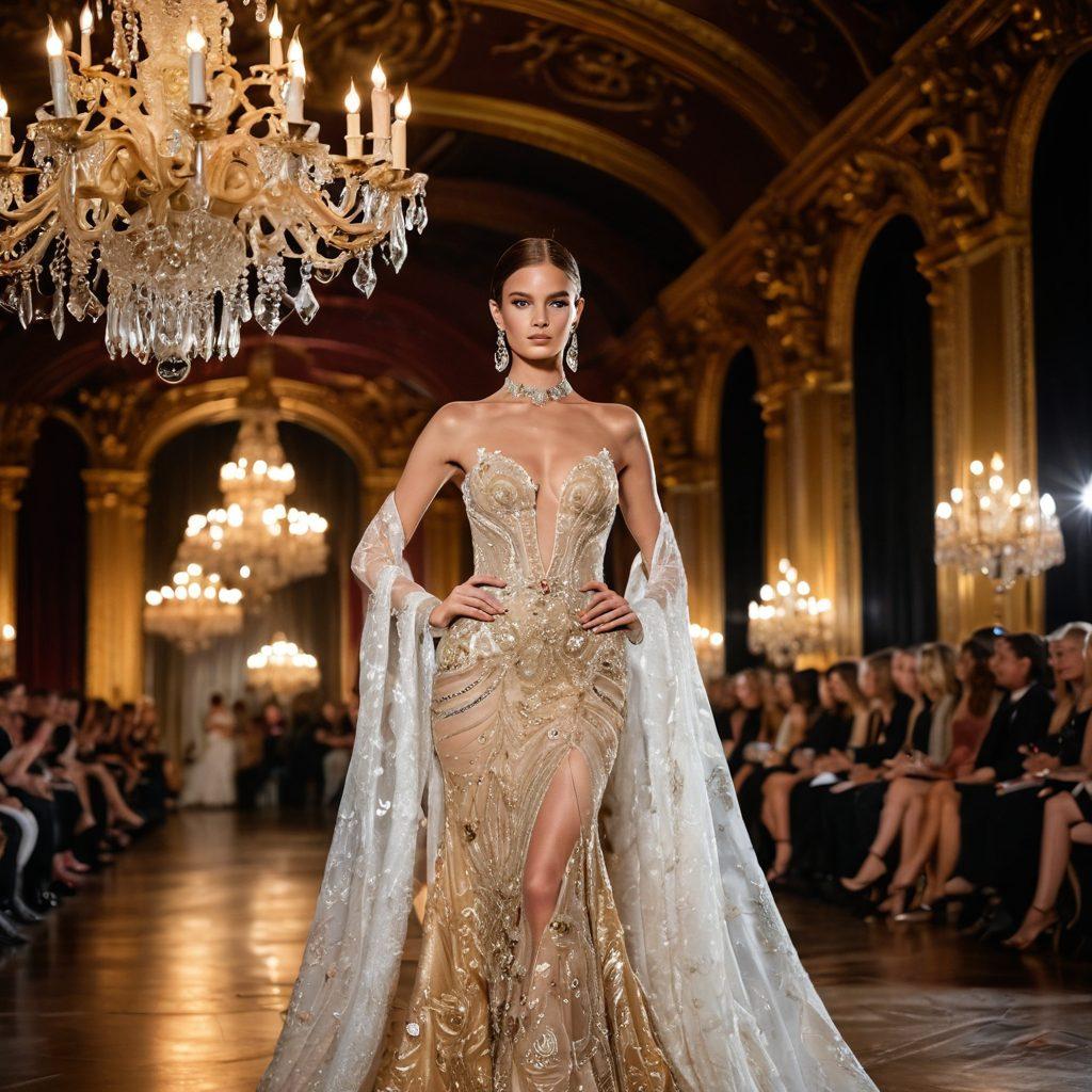 An elegant fashion runway featuring models in stunning couture outfits that blend sensual elegance with avant-garde design. The background showcases a lavish ballroom with opulent chandeliers illuminating the scene, while the audience is captivated by the fashion show. Focus on a model striking a pose in a bold, flowing gown adorned with intricate lace and sequins. The overall ambiance is glamorous, inviting viewers to experience the essence of high fashion. super-realistic. vibrant colors. dramatic lighting.